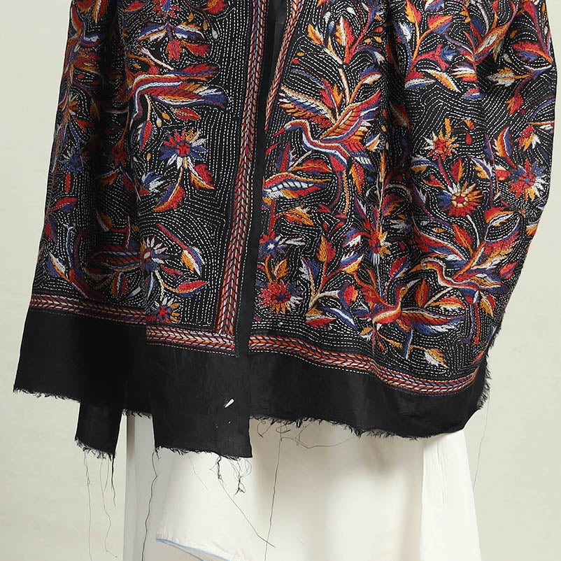 Black - Bengal Kantha Hand Embroidery Bangalore Silk Handloom Dupatta 19