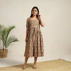 Beige - Pedana Block Print Cotton Flared Kalamkari Dress 08