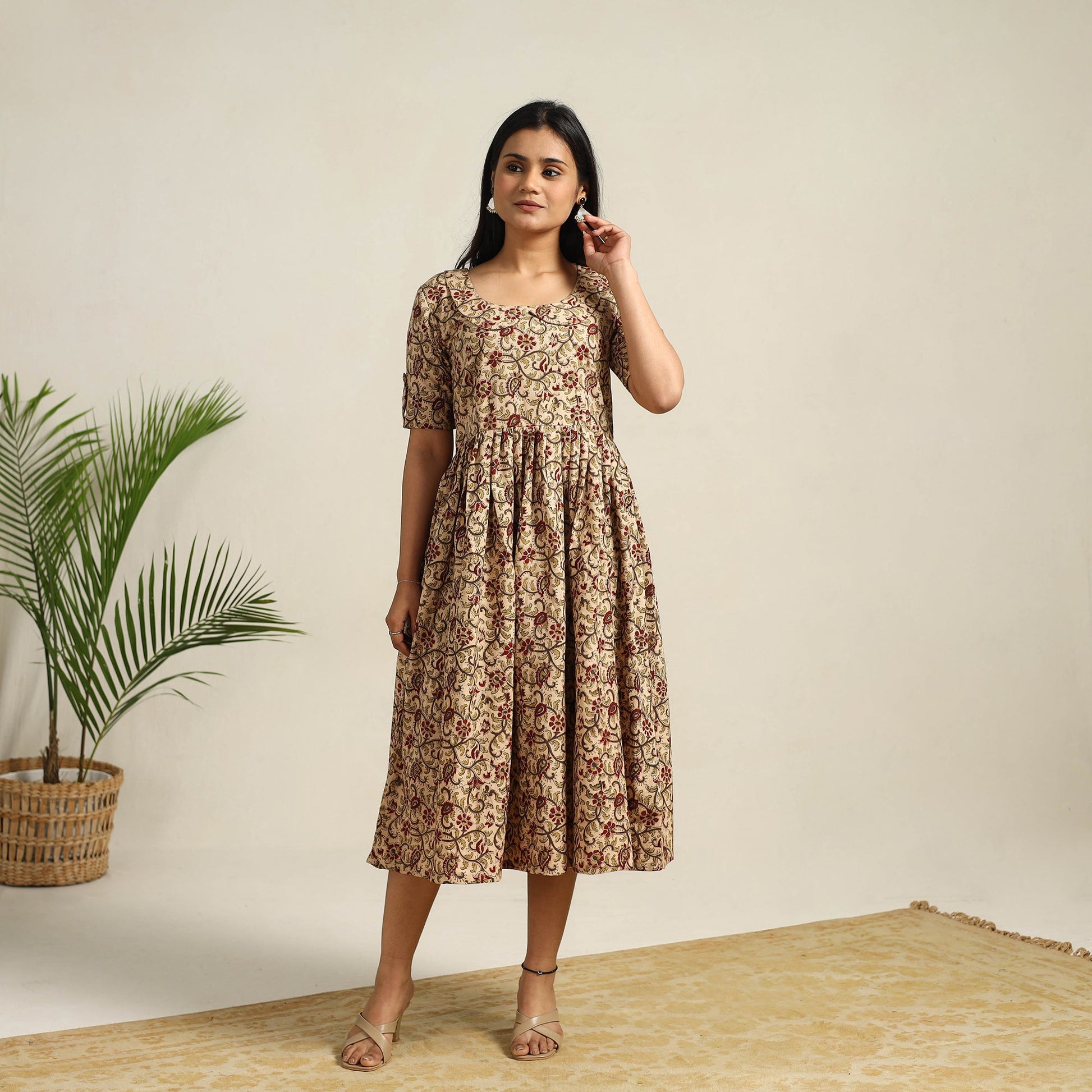 Beige - Pedana Block Print Cotton Flared Kalamkari Dress 08