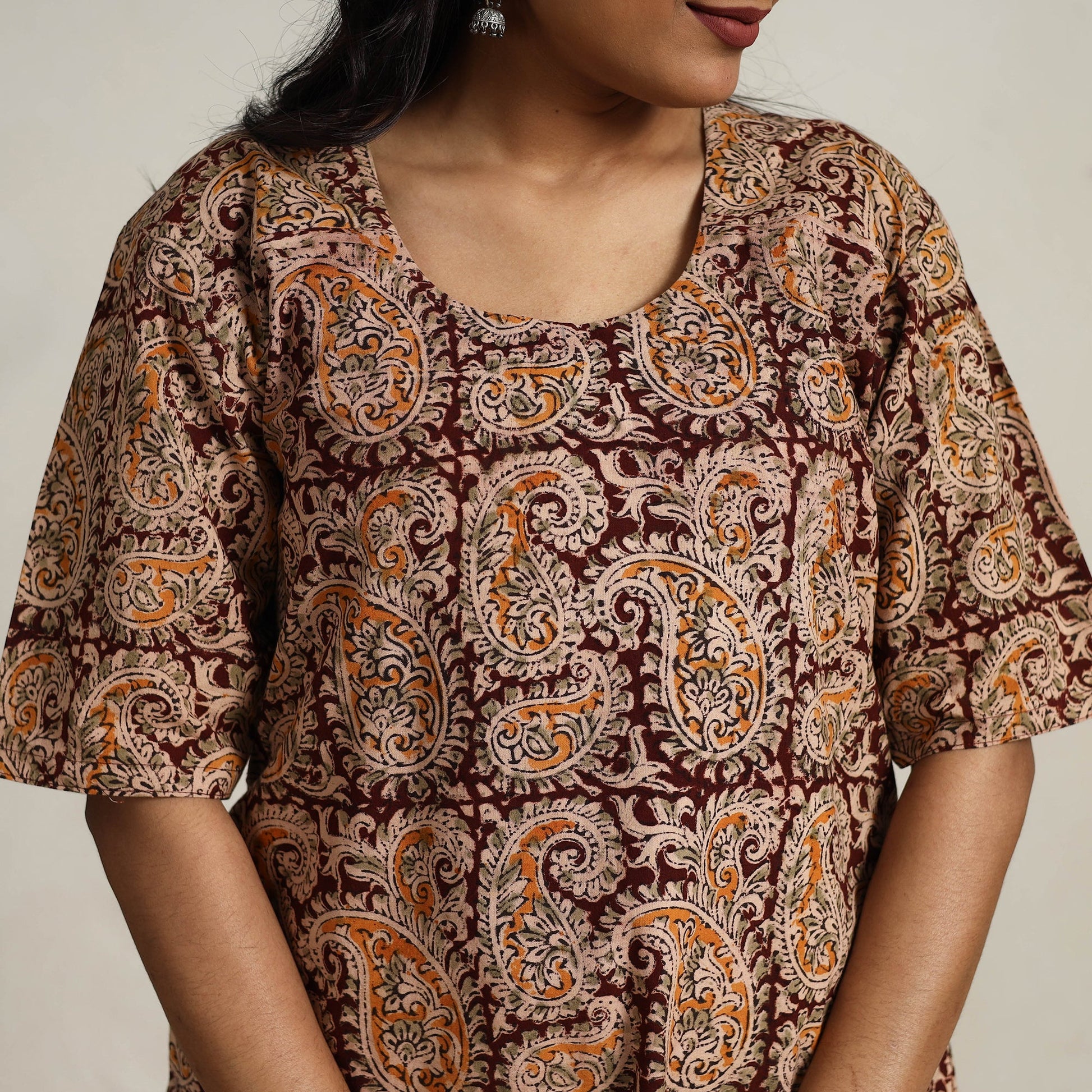 Brown - Block Printed Cotton Kalamkari Kurta Set 14