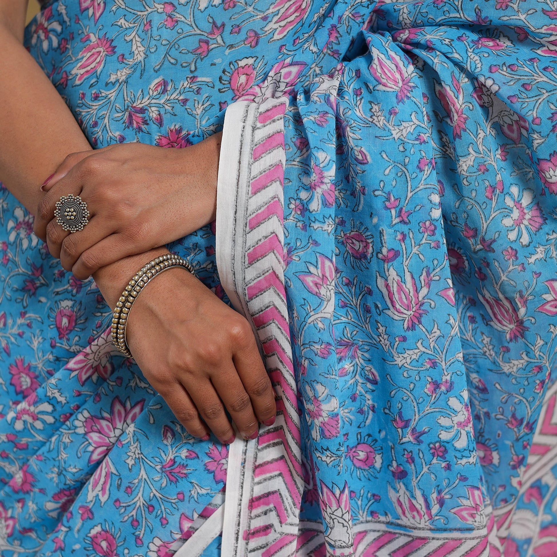 Blue - Block Print Mul Cotton Sanganeri Saree 06
