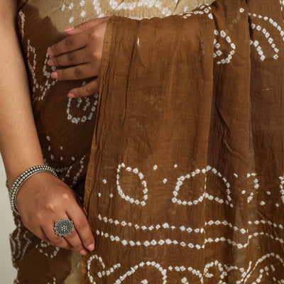 Brown - Kutch Bandhani Tie-Dye Cotton Saree with Blouse Piece