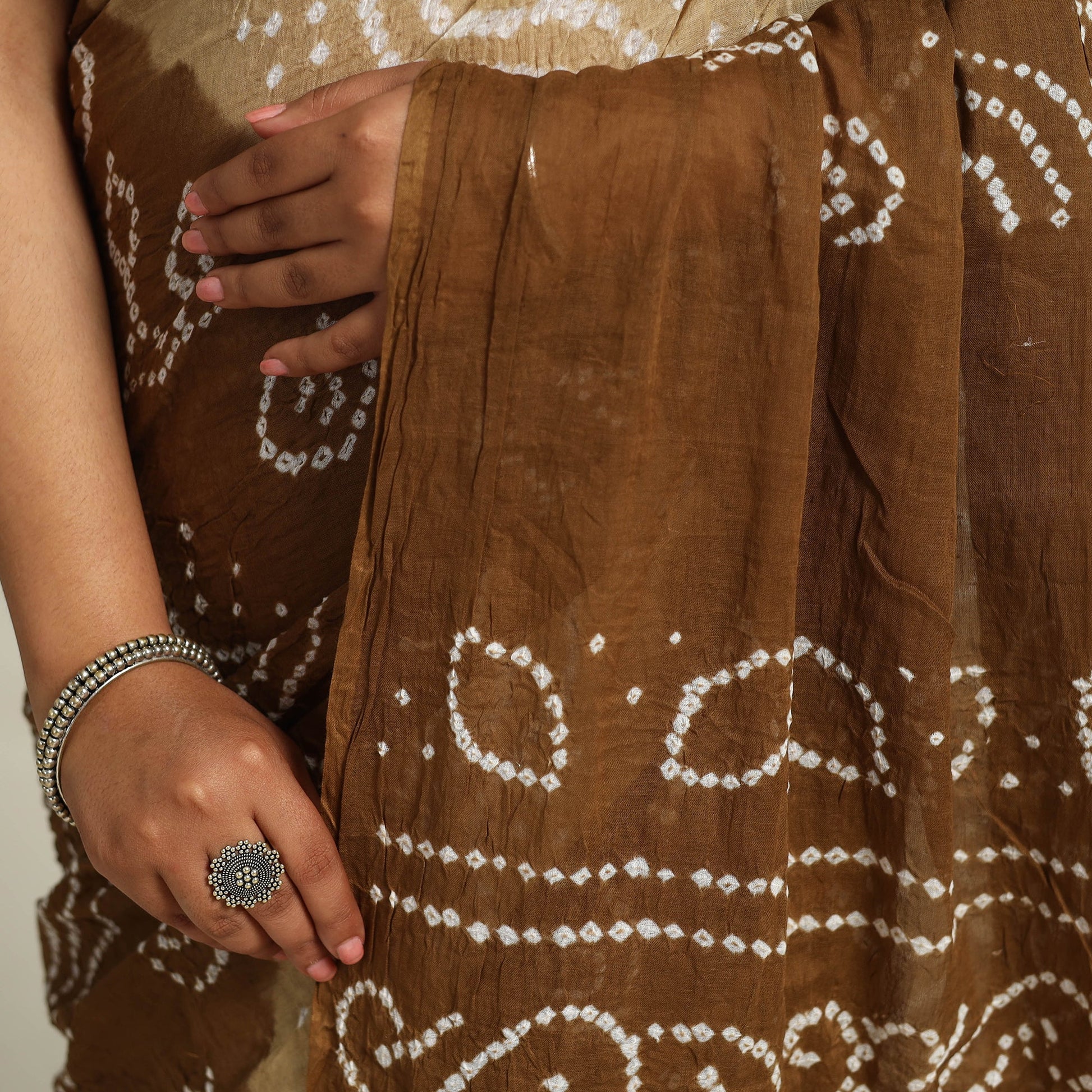 Brown - Kutch Bandhani Tie-Dye Cotton Saree with Blouse Piece