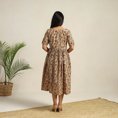 Beige - Pedana Block Print Cotton Flared Kalamkari Dress 08