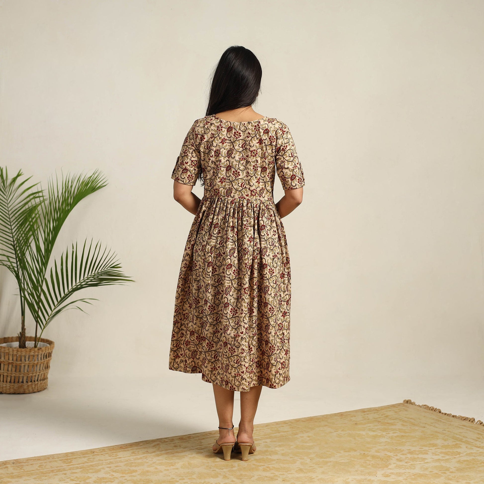 Beige - Pedana Block Print Cotton Flared Kalamkari Dress 08
