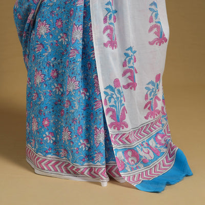 Blue - Block Print Mul Cotton Sanganeri Saree 06