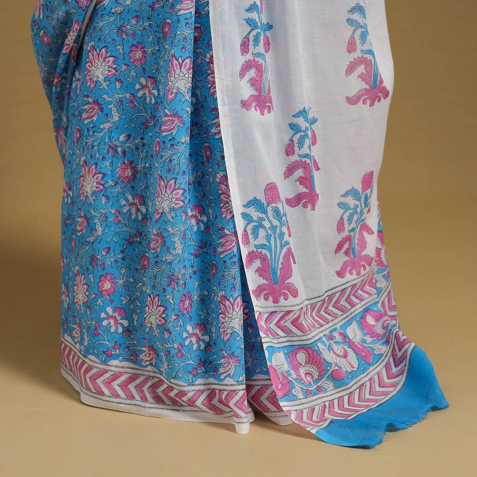 Blue - Block Print Mul Cotton Sanganeri Saree 06