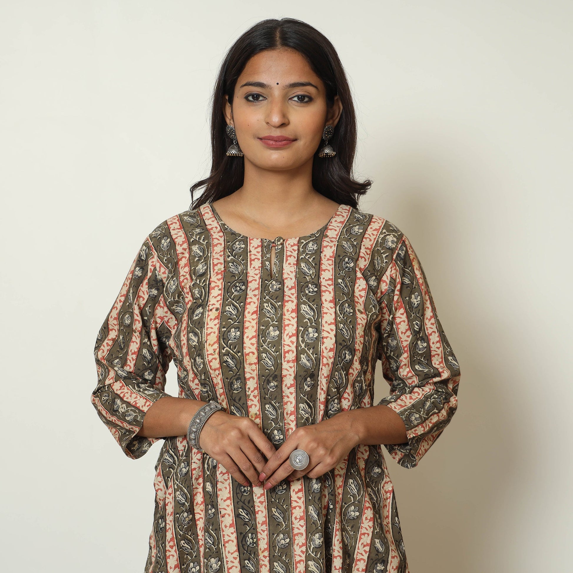 Brown - Kalamkari Hand Block Printed Cotton A-Line Kurta 45