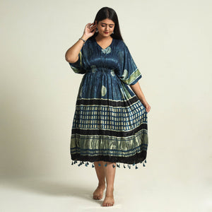 Blue - Ajrakh Block Printed Modal Silk Kaftan with Elasticated Waist & Zari Border (Medium)