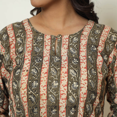 Brown - Kalamkari Hand Block Printed Cotton A-Line Kurta 45