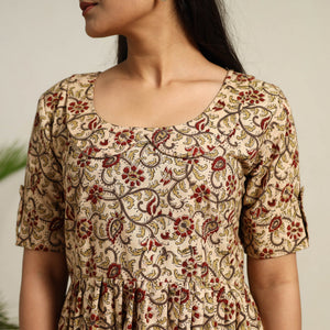 Beige - Pedana Block Print Cotton Flared Kalamkari Dress 08