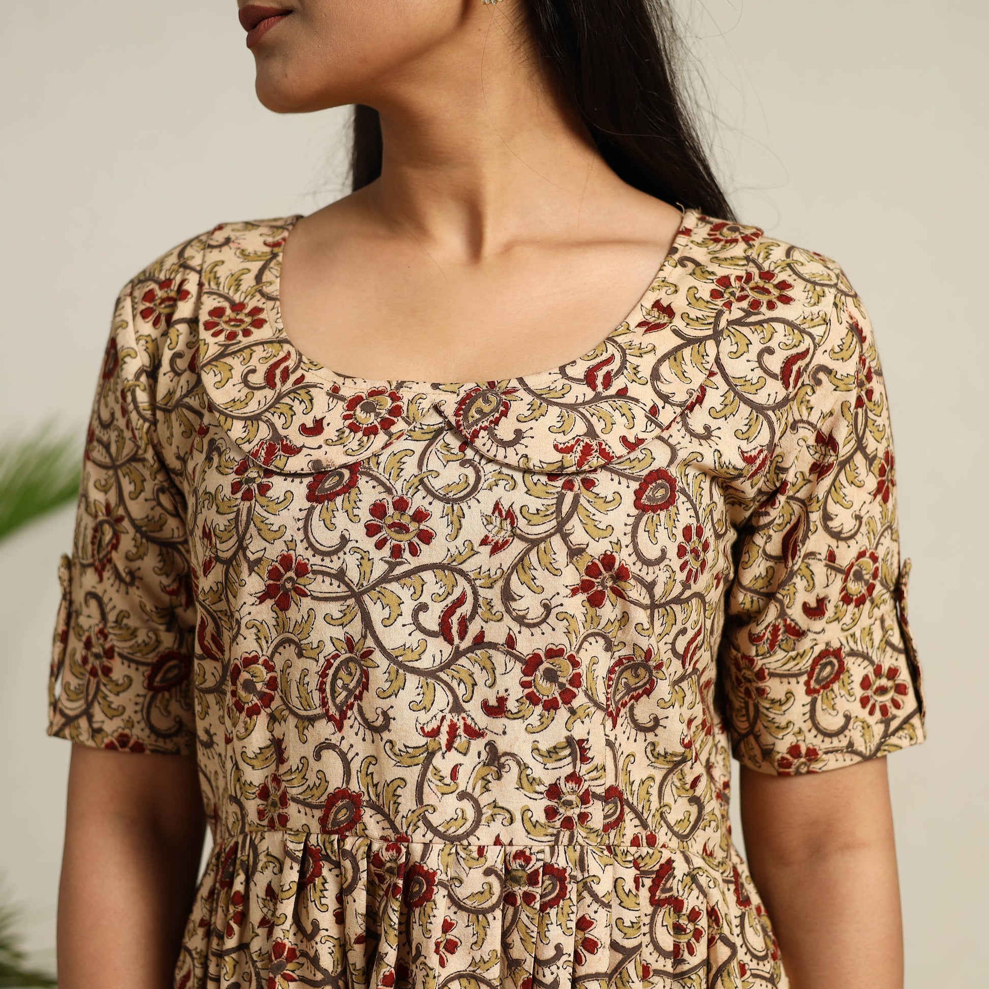 Beige - Pedana Block Print Cotton Flared Kalamkari Dress 08