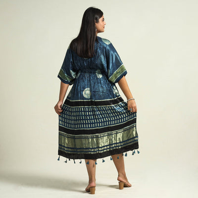 Blue - Ajrakh Block Printed Modal Silk Kaftan with Elasticated Waist & Zari Border (Medium)