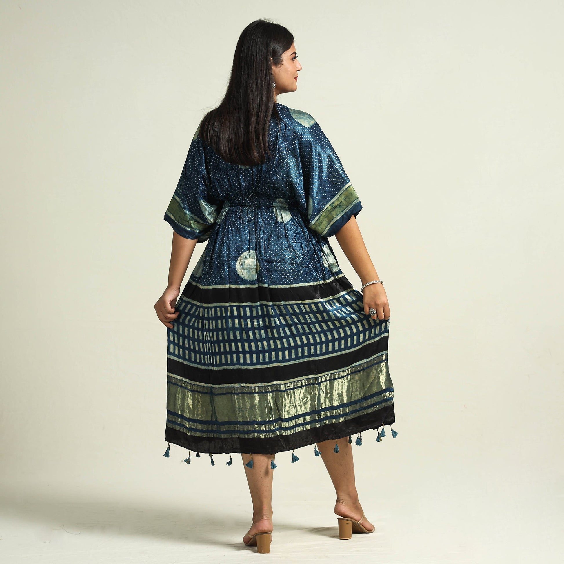 Blue - Ajrakh Block Printed Modal Silk Kaftan with Elasticated Waist & Zari Border (Medium)