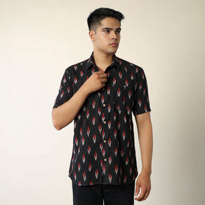 Black - Pochampally Ikat Weave Cotton Men Half Sleeve Shirt 08