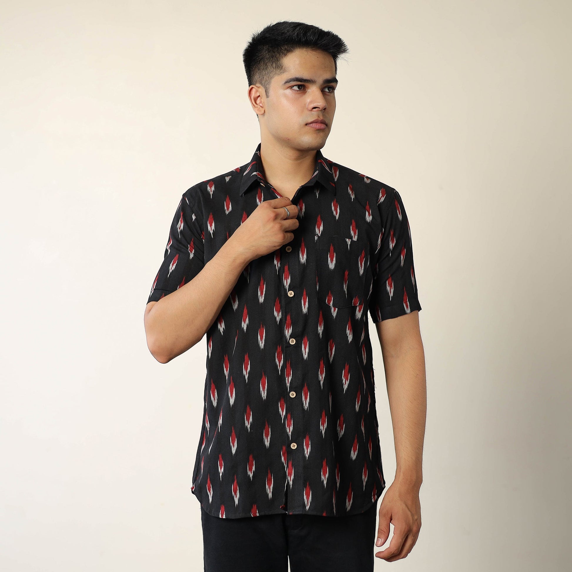 Black - Pochampally Ikat Weave Cotton Men Half Sleeve Shirt 08