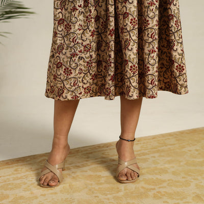 Beige - Pedana Block Print Cotton Flared Kalamkari Dress 08