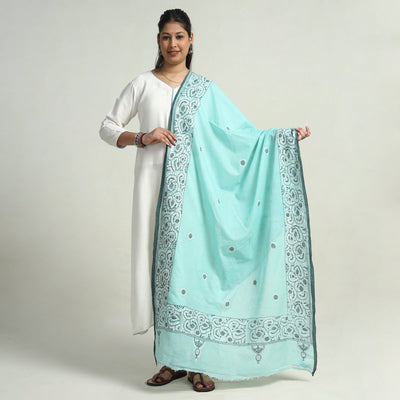 Blue - Bengal Kantha Hand Embroidery Cotton Handloom Dupatta 21