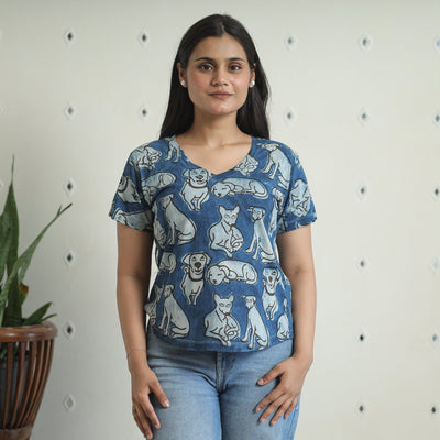 Blue - Bindaas Block Art Printed Cotton Women V Neck T-shirt 10