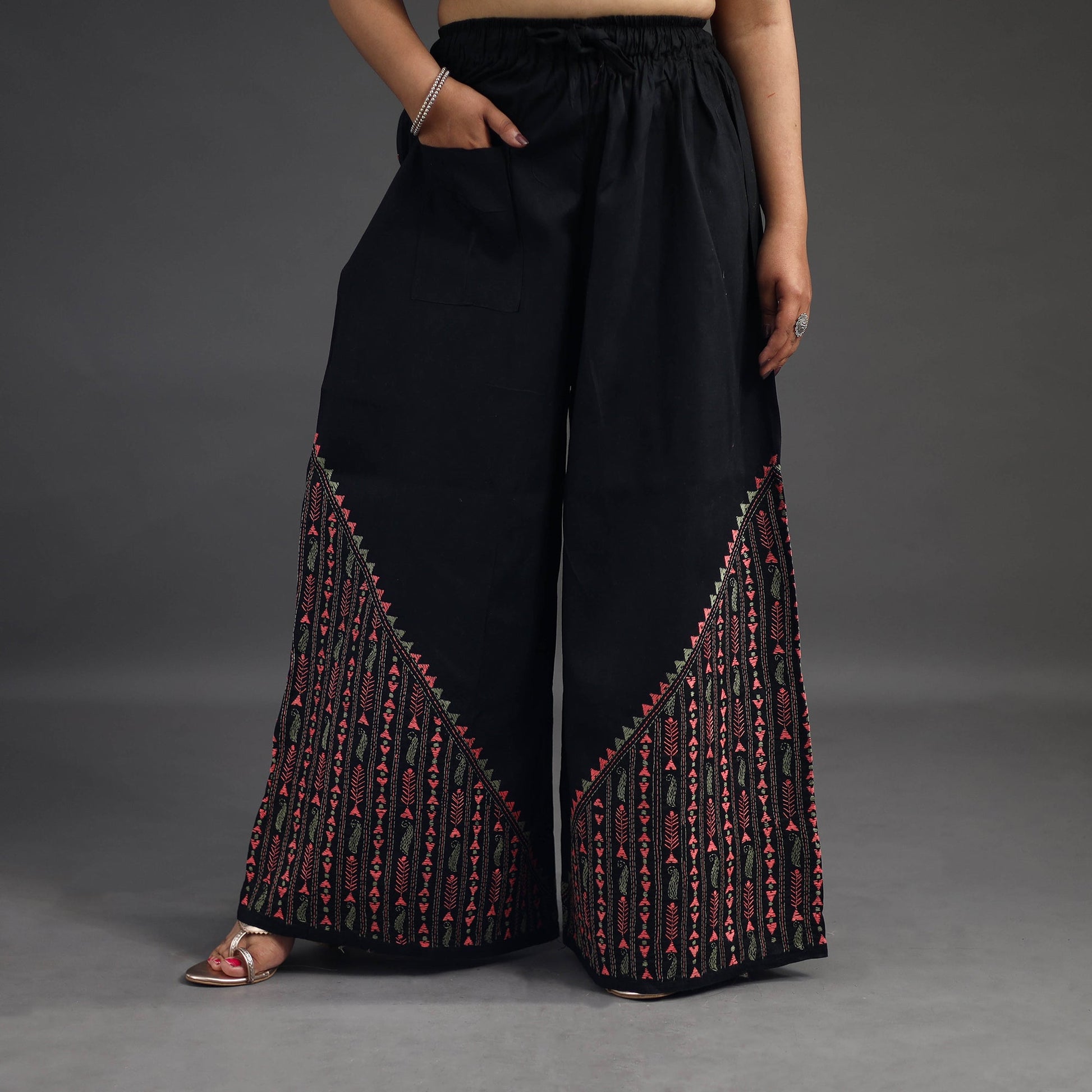 Black - Kantha Hand Embroidery Palazzo in Cotton 07