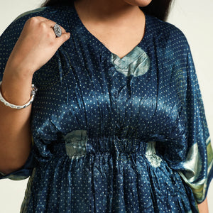 Blue - Ajrakh Block Printed Modal Silk Kaftan with Elasticated Waist & Zari Border (Medium)