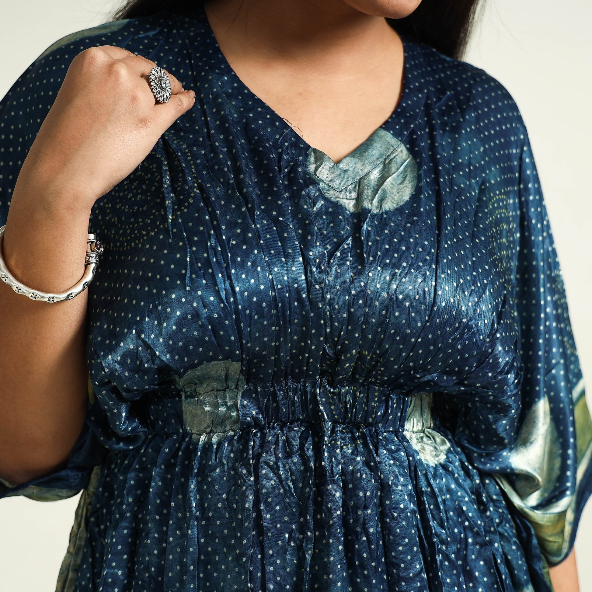Blue - Ajrakh Block Printed Modal Silk Kaftan with Elasticated Waist & Zari Border (Medium)