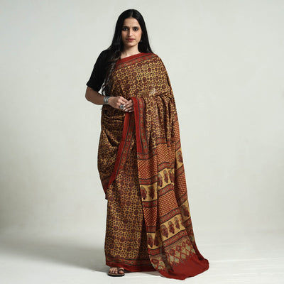 Beige - Block Printed Mul Cotton Ajrakh Saree