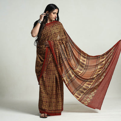 Beige - Block Printed Mul Cotton Ajrakh Saree
