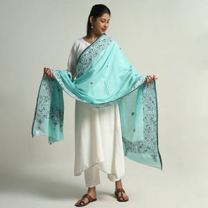 Blue - Bengal Kantha Hand Embroidery Cotton Handloom Dupatta 21