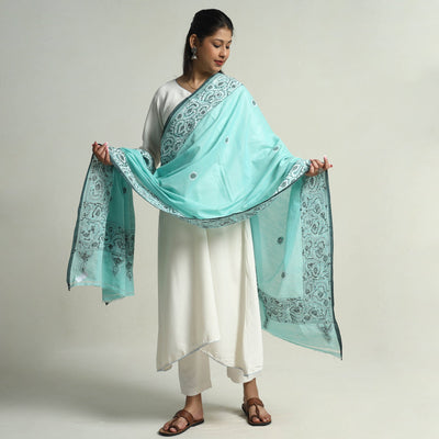 Blue - Bengal Kantha Hand Embroidery Cotton Handloom Dupatta 21