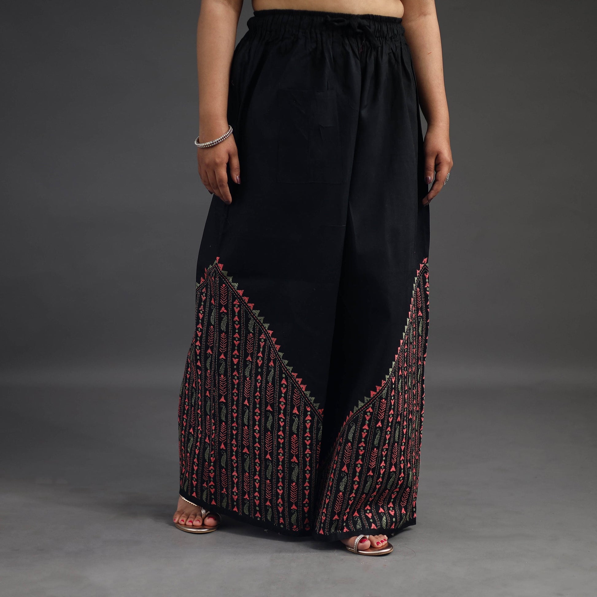 Black - Kantha Hand Embroidery Palazzo in Cotton 07