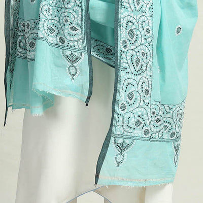 Blue - Bengal Kantha Hand Embroidery Cotton Handloom Dupatta 21