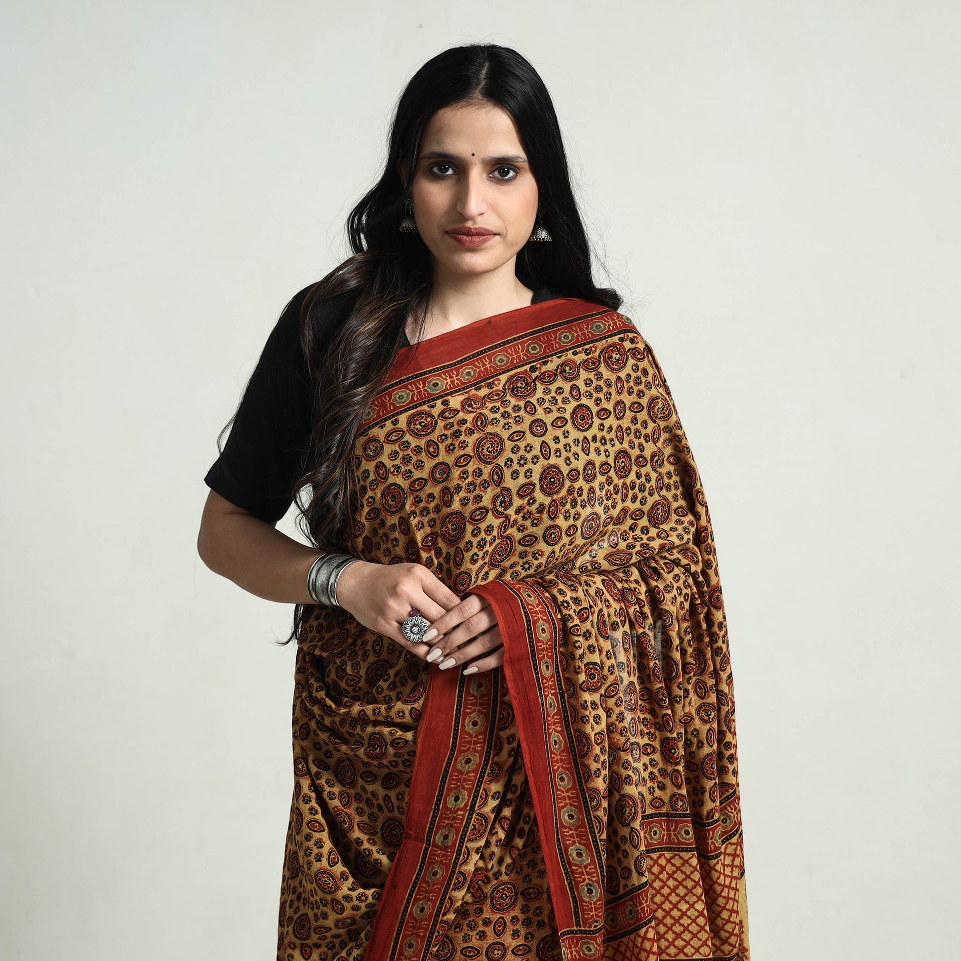 Beige - Block Printed Mul Cotton Ajrakh Saree