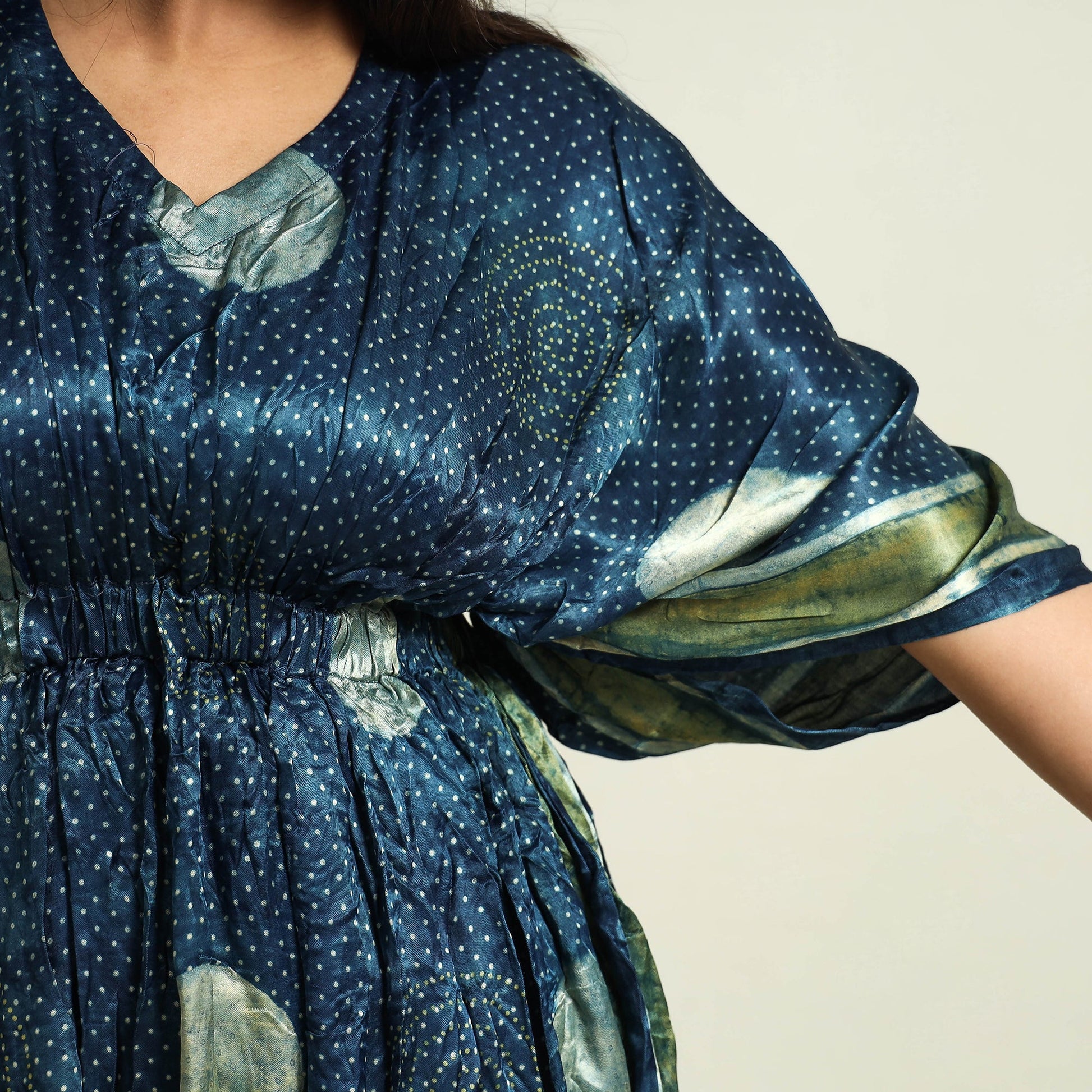 Blue - Ajrakh Block Printed Modal Silk Kaftan with Elasticated Waist & Zari Border (Medium)