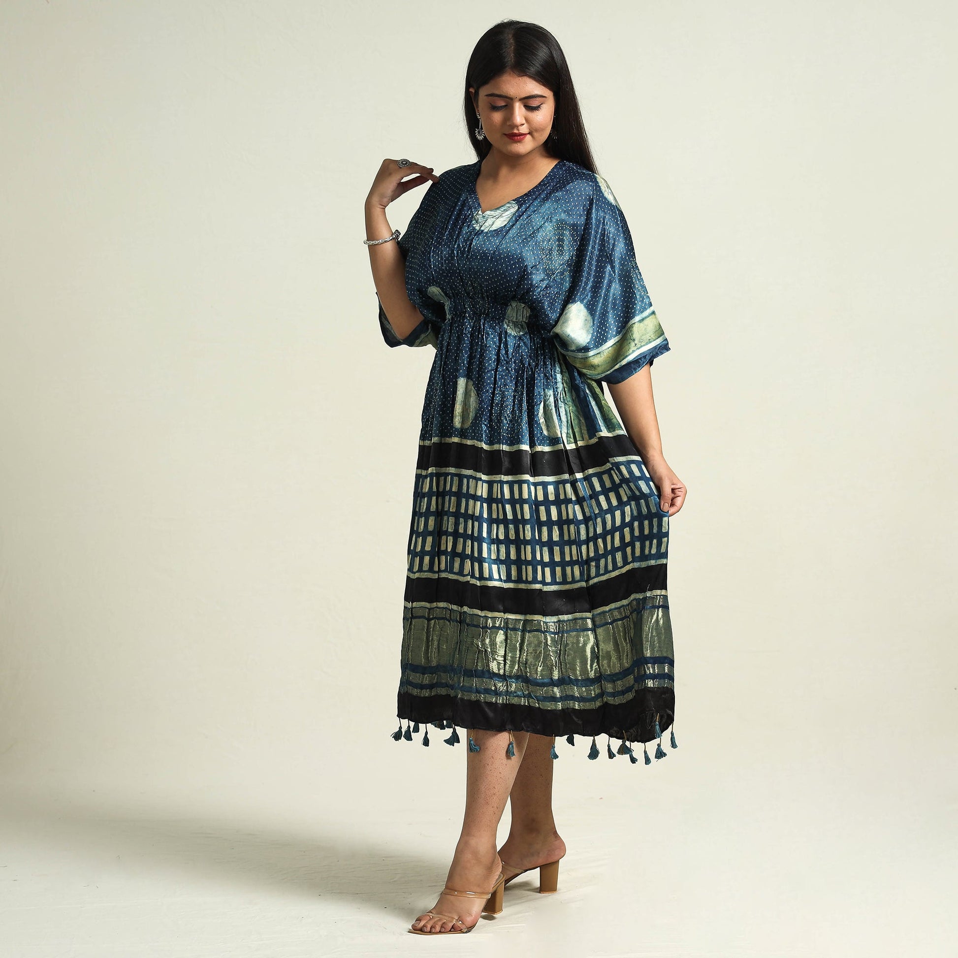 Blue - Ajrakh Block Printed Modal Silk Kaftan with Elasticated Waist & Zari Border (Medium)