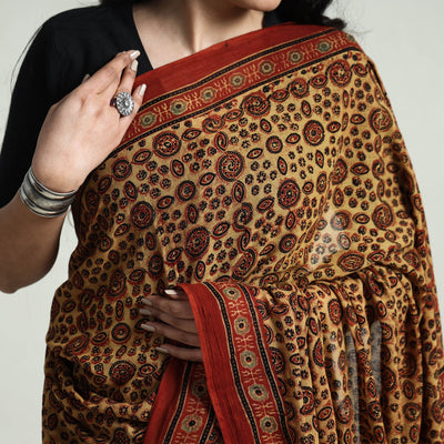 Beige - Block Printed Mul Cotton Ajrakh Saree
