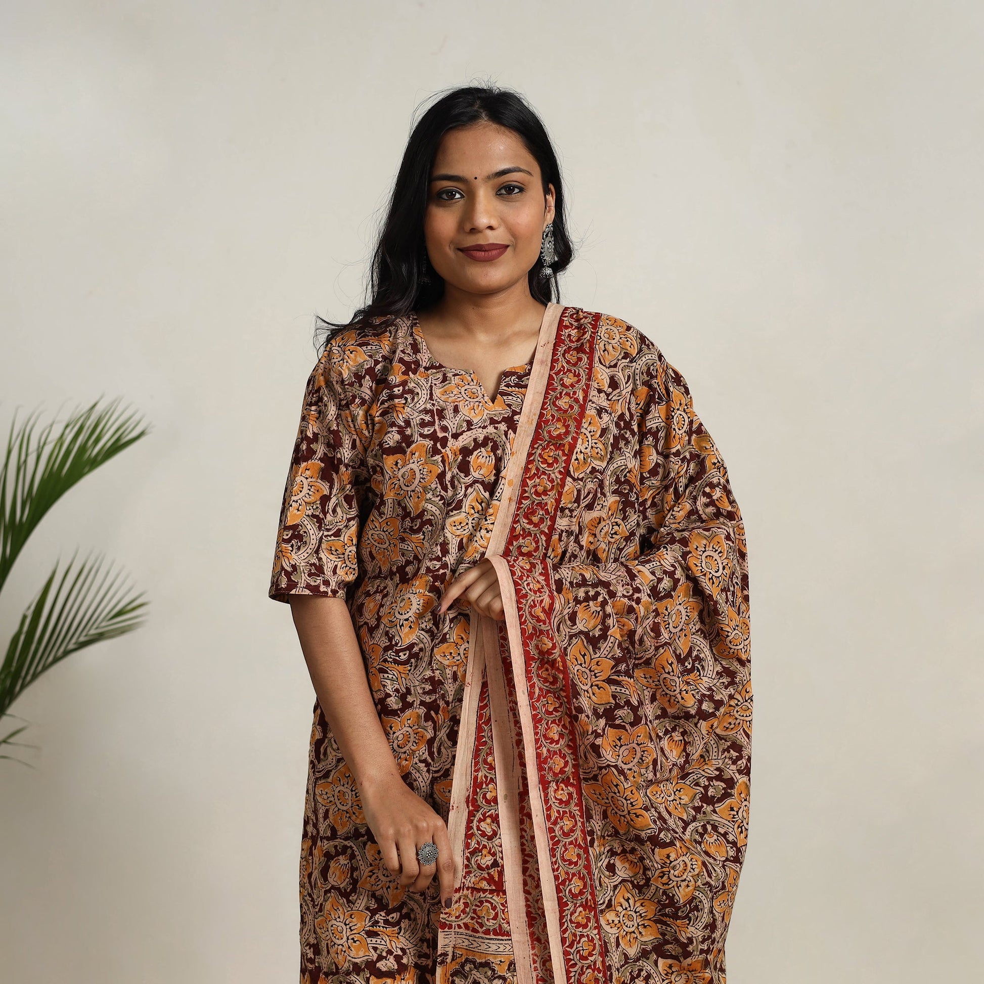 Brown - Block Printed Cotton Kalamkari Kurta Set 08