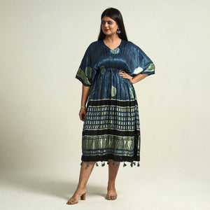 Blue - Ajrakh Block Printed Modal Silk Kaftan with Elasticated Waist & Zari Border (Medium)