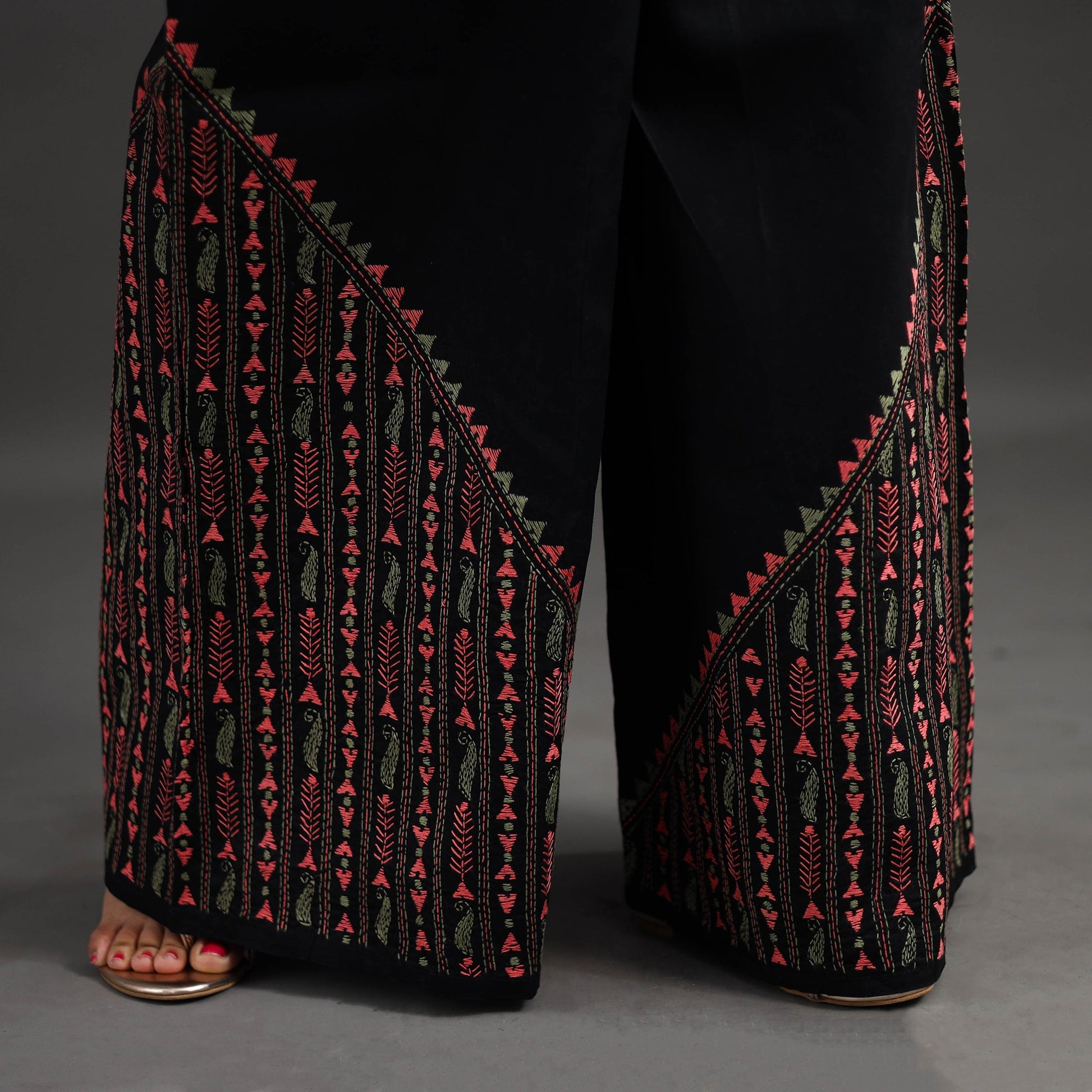 Black - Kantha Hand Embroidery Palazzo in Cotton 07