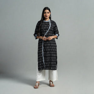 Black - Angrakha Cotton Straight Pochampally Ikat Kurta 09