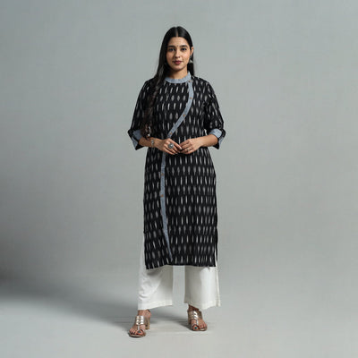 Black - Angrakha Cotton Straight Pochampally Ikat Kurta 09