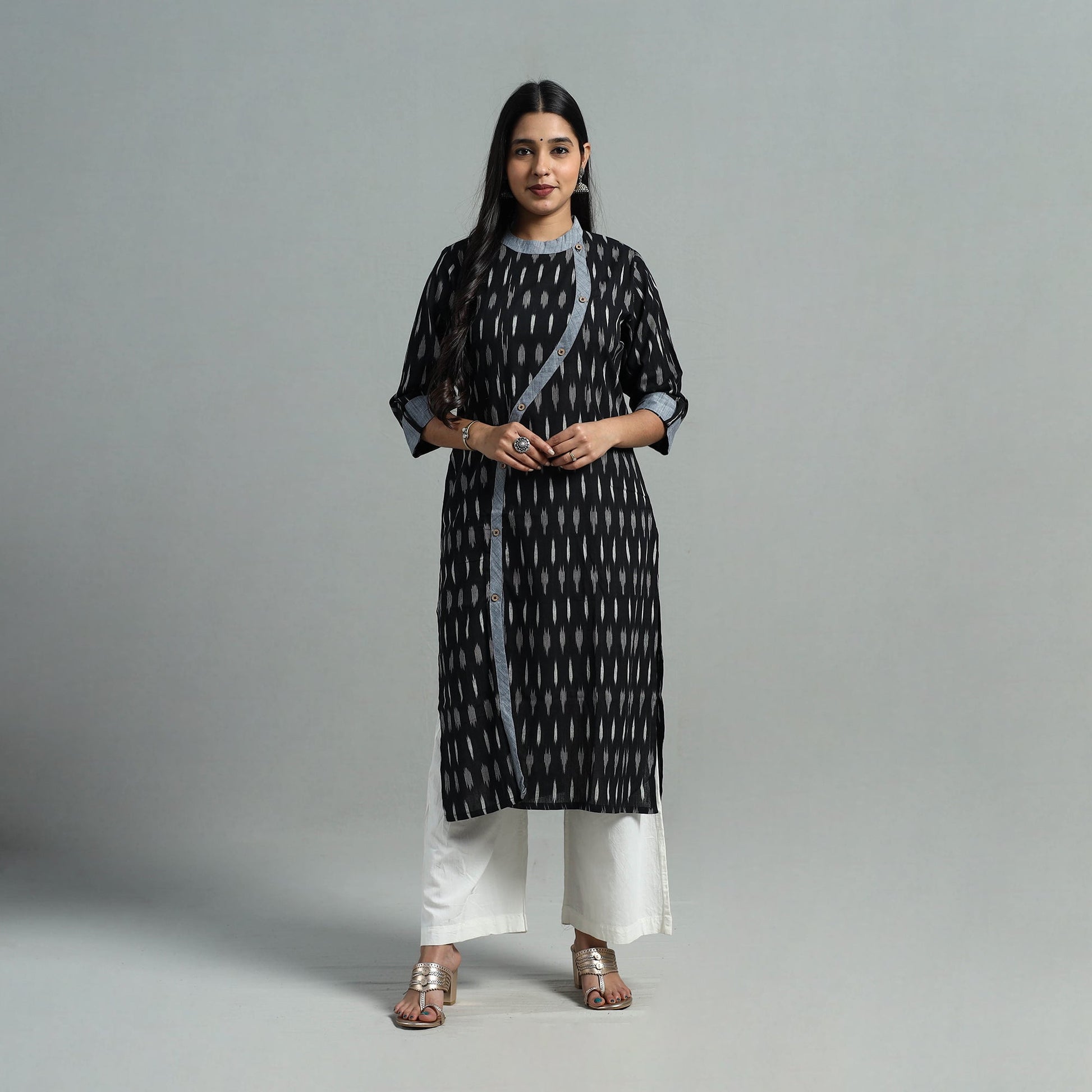 Black - Angrakha Cotton Straight Pochampally Ikat Kurta 09