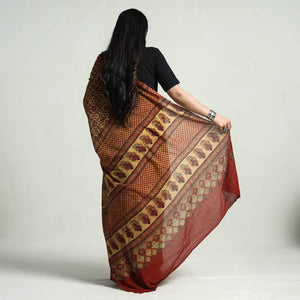 Beige - Block Printed Mul Cotton Ajrakh Saree