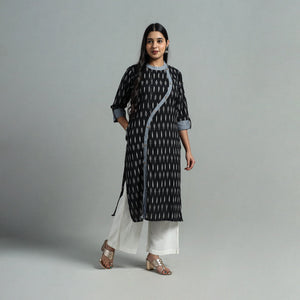 Black - Angrakha Cotton Straight Pochampally Ikat Kurta 09