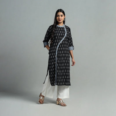 Black - Angrakha Cotton Straight Pochampally Ikat Kurta 09
