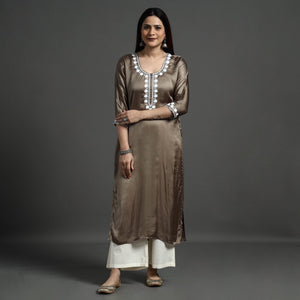 Brown - Modal Silk Noori Hand Embroidery Long Straight Kurta