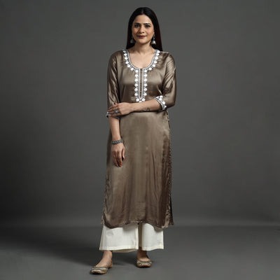 Brown - Modal Silk Noori Hand Embroidery Long Straight Kurta