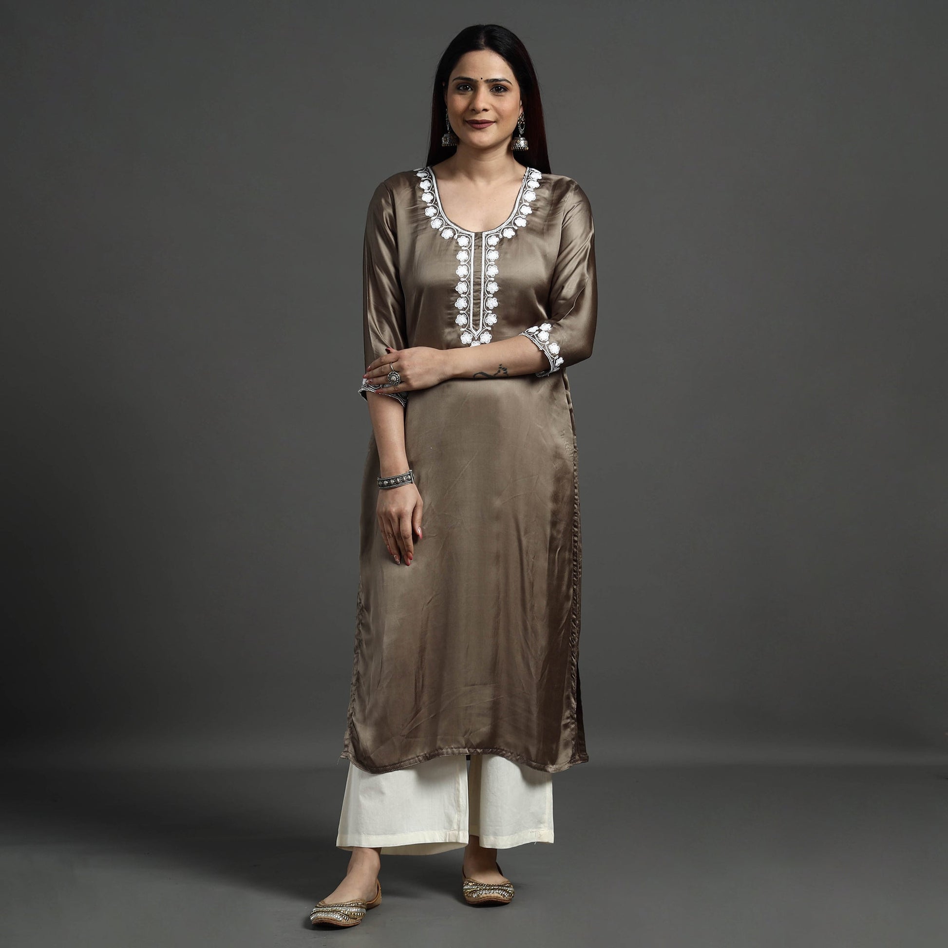 Brown - Modal Silk Noori Hand Embroidery Long Straight Kurta