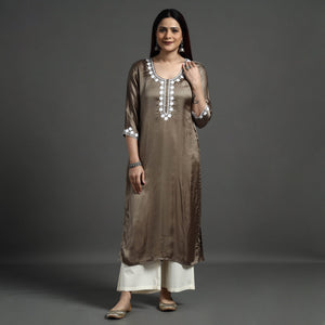 Brown - Modal Silk Noori Hand Embroidery Long Straight Kurta