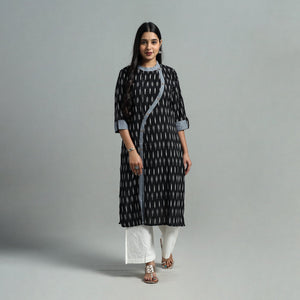 Black - Angrakha Cotton Straight Pochampally Ikat Kurta 09